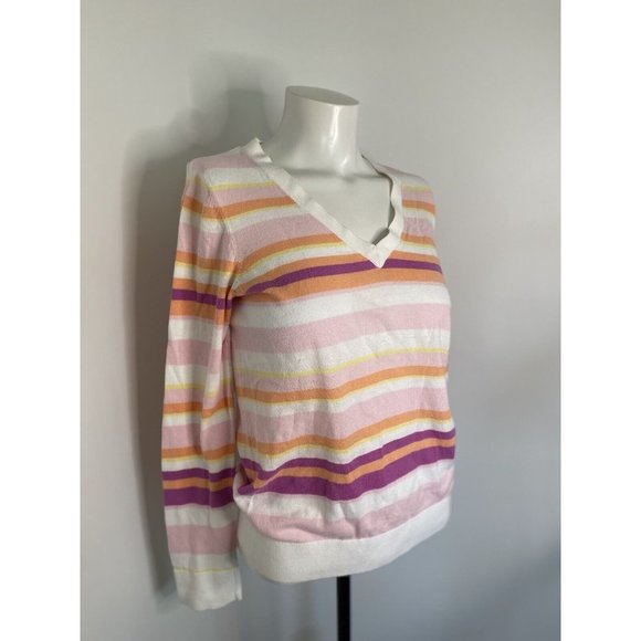 Izod White Pastel Striped Womens V-Neck Sweater Size S 100% Cotton Vintage Retro - Picture 15 of 16